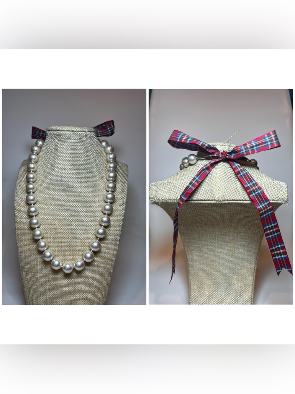 Chunky glass pearl with christmas red blue plaid ribbon closure necklace